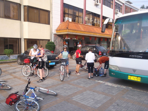 Assembling for the day's bike ride.